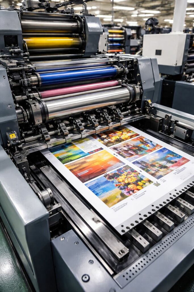 Máquina de impressão offset da Gráfica De Marco em Caxias do Sul produzindo materiais gráficos com alta qualidade.